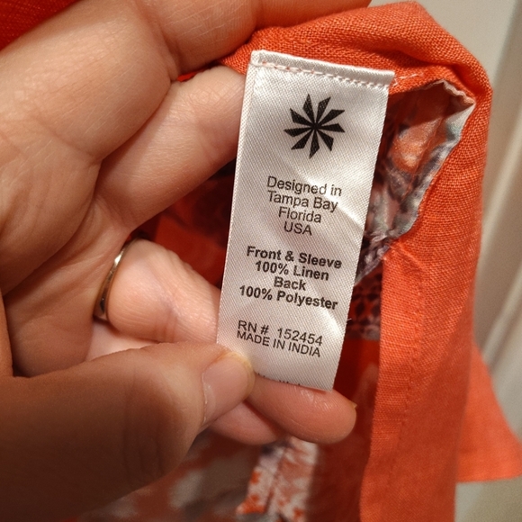 Karyn Seo Coral Linen & Floral Satin Long Sleeve Button Down Shirt Sz S Boho - Picture 5 of 7